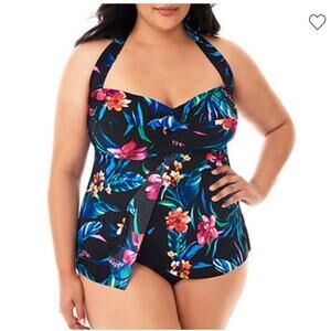 Trimshaper black tropical print floral slimming control halter swim top 24W NEW
